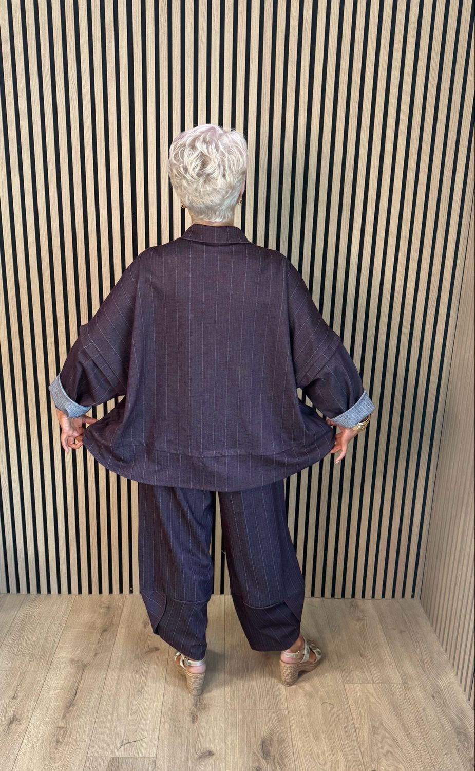 Denim Pinstripe Trouser Suit - Burgundy