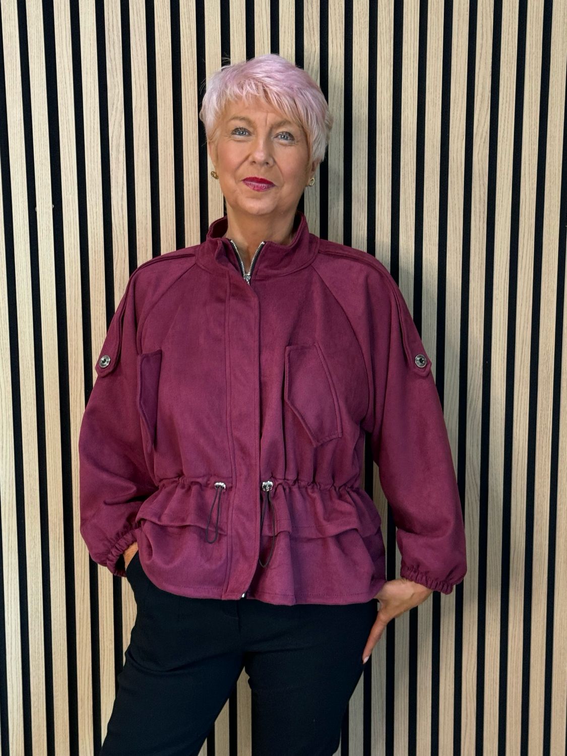 Faux Suede Utility Jacket - Burgundy