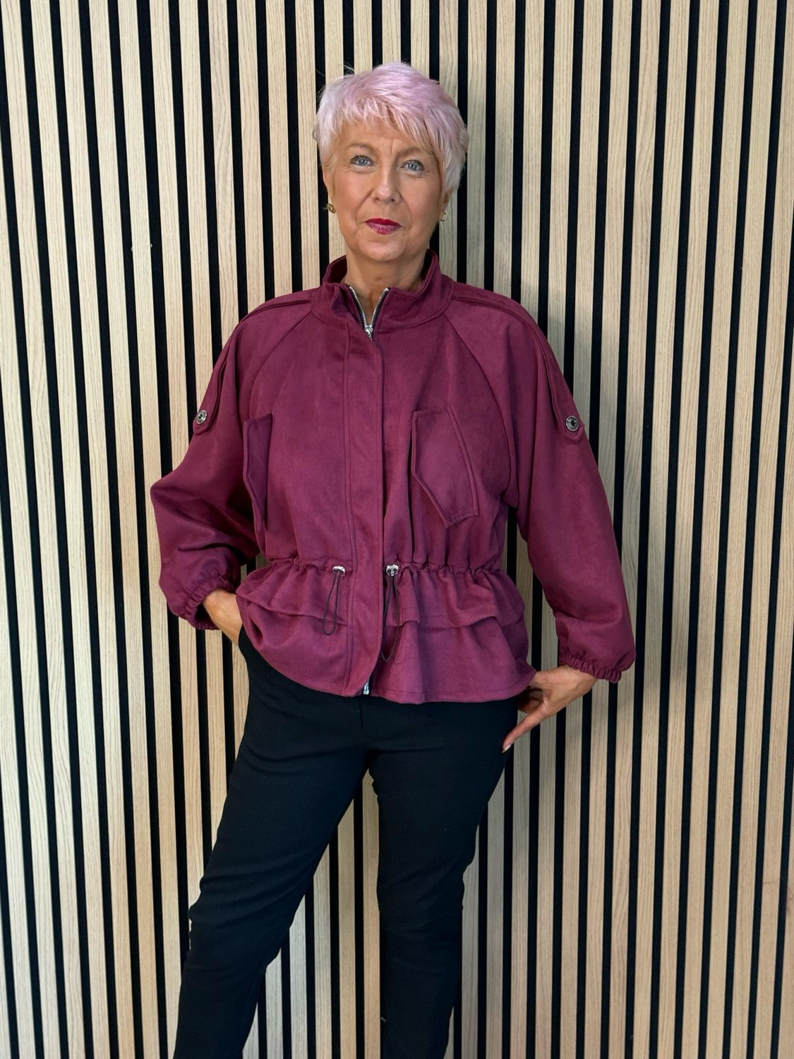 Faux Suede Utility Jacket - Burgundy