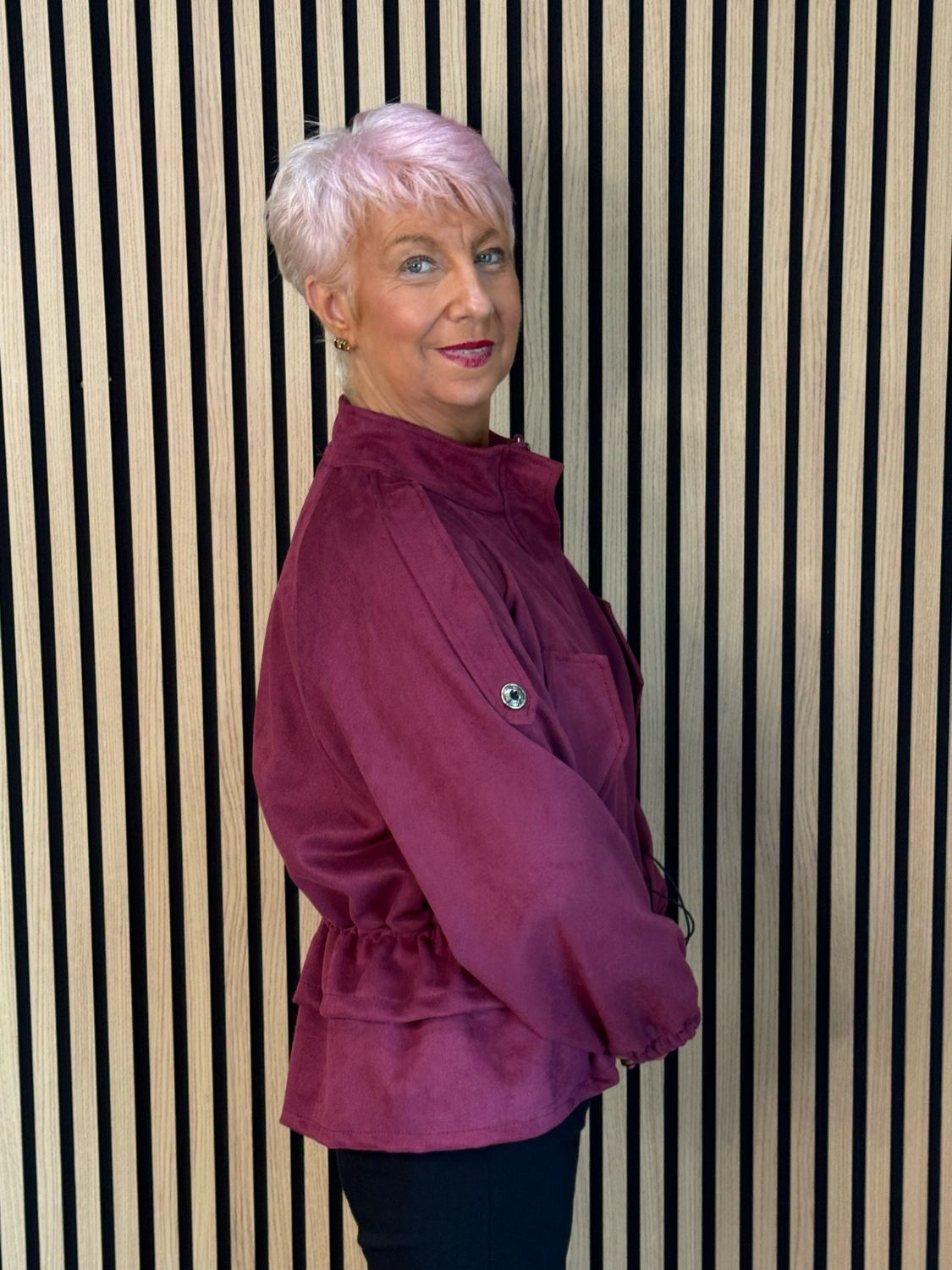 Faux Suede Utility Jacket - Burgundy