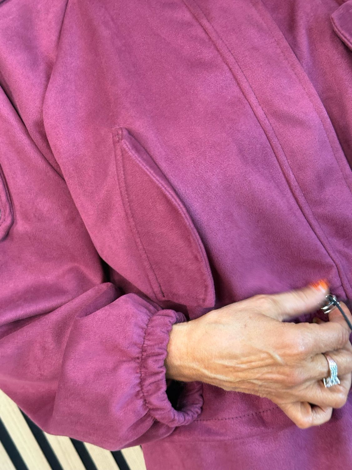 Faux Suede Utility Jacket - Burgundy