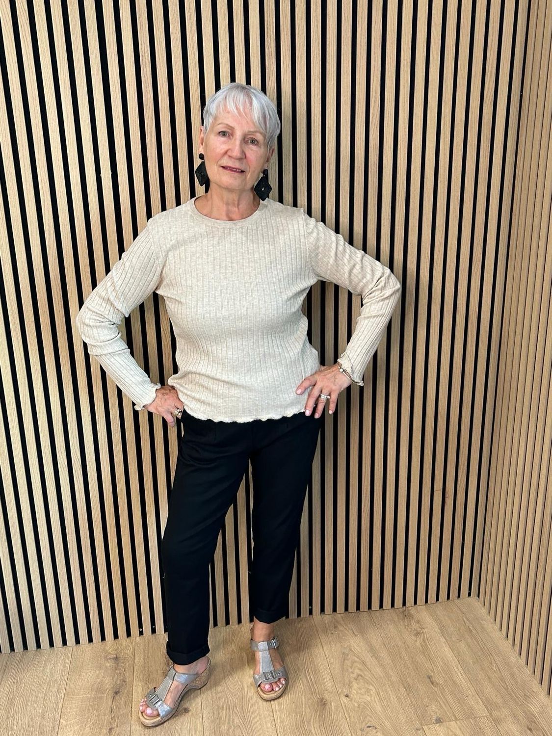Ribbed Beaded Trim Jumper - Stone