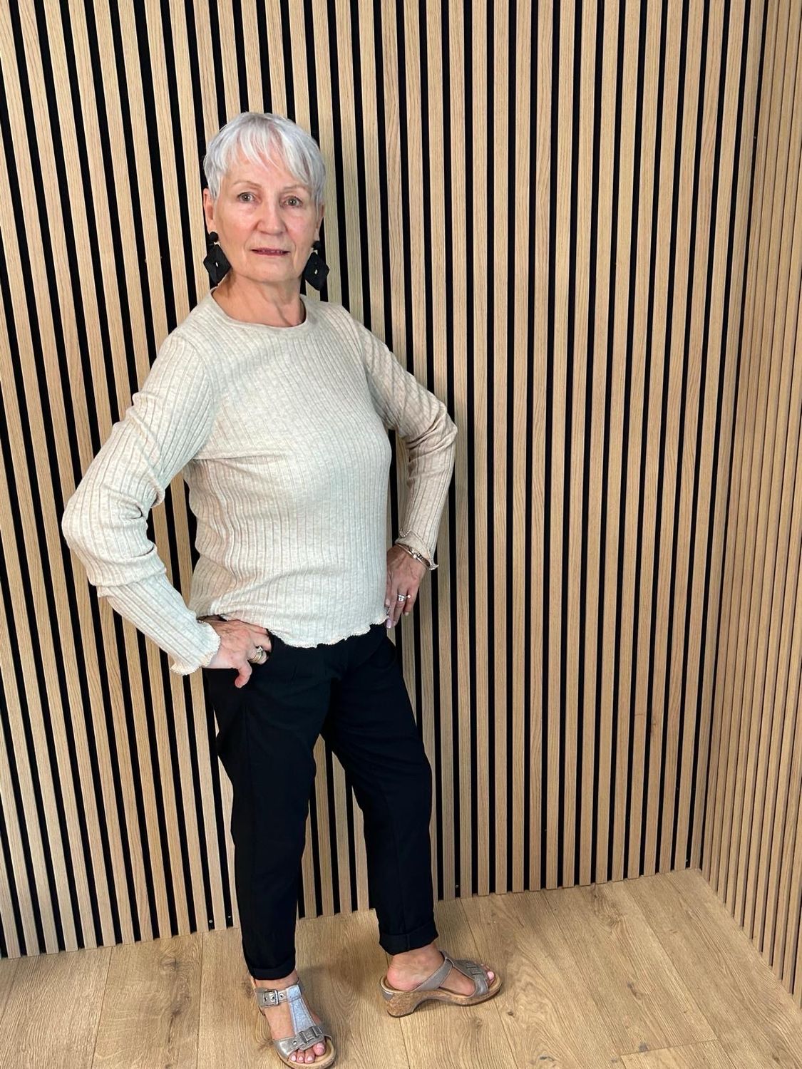 Ribbed Beaded Trim Jumper - Stone