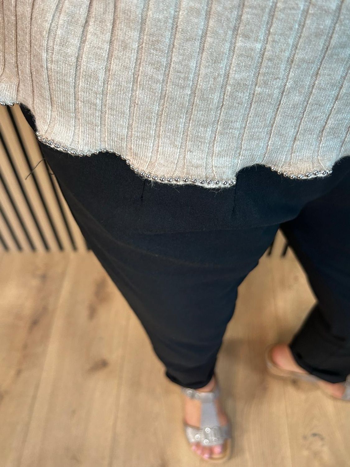 Ribbed Beaded Trim Jumper - Stone