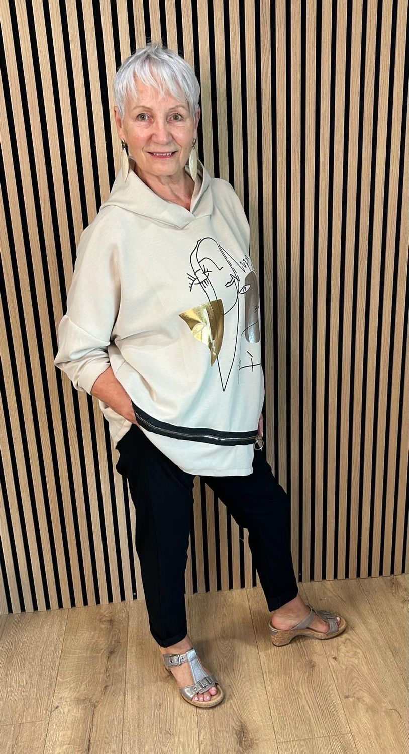 Abstract Face Oversized Hoodie - Cream