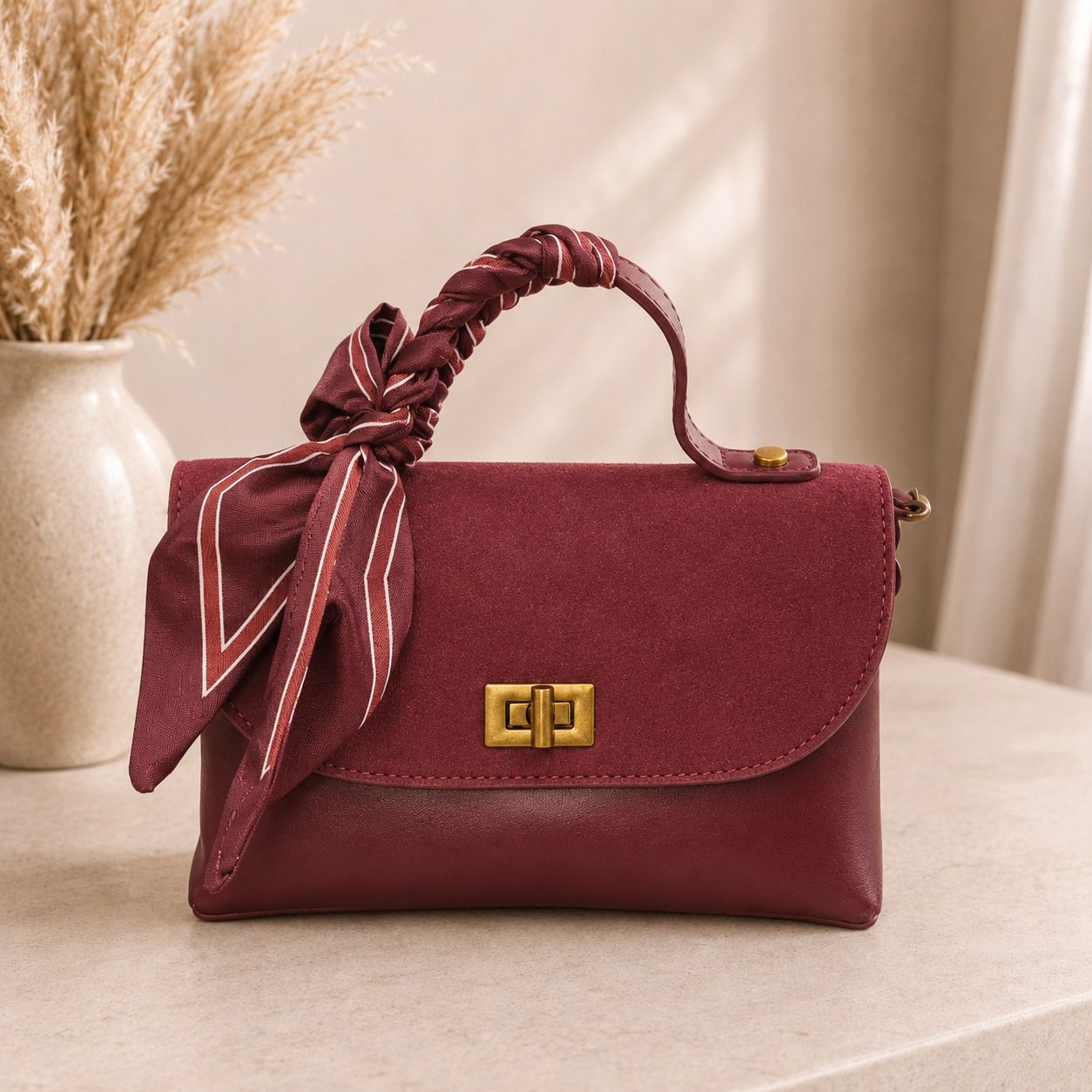 Tie Scarf Turn Lock Handbag – Oxblood