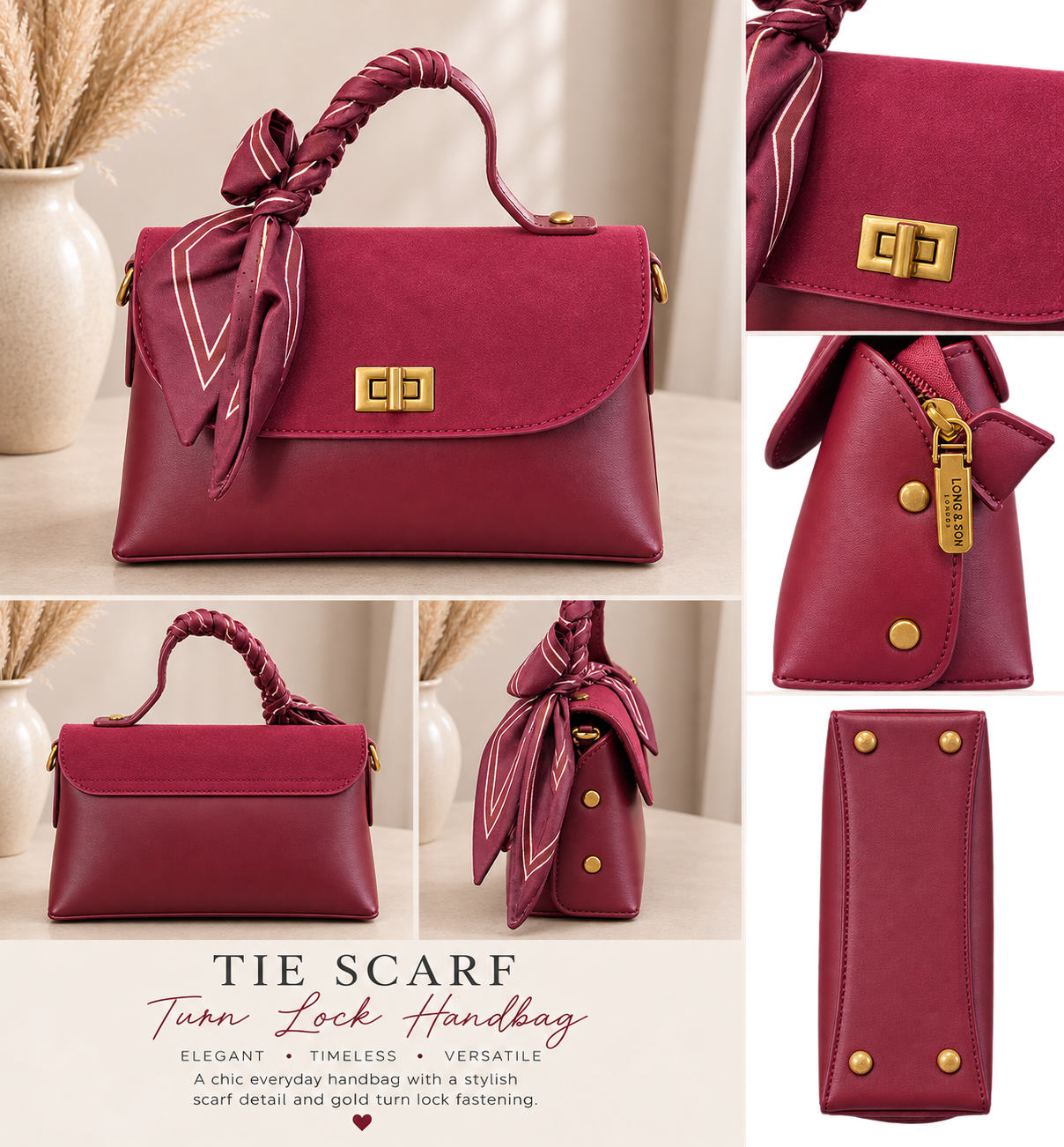 Tie Scarf Turn Lock Handbag – Oxblood