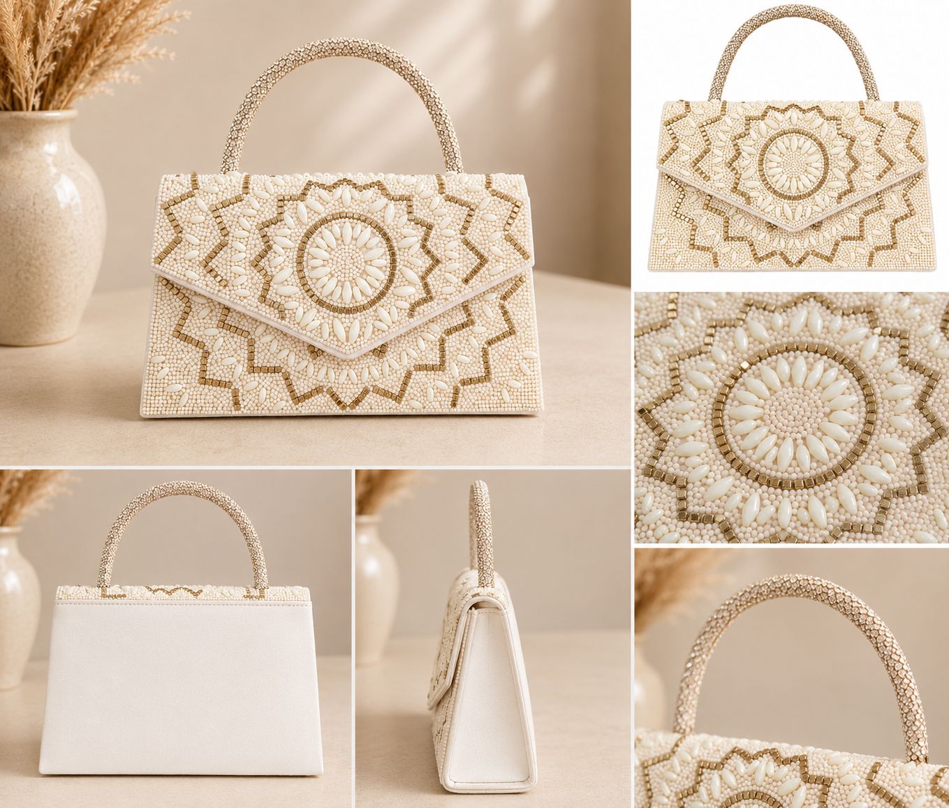 Embellished Beaded Top Handle Handbag - Cream