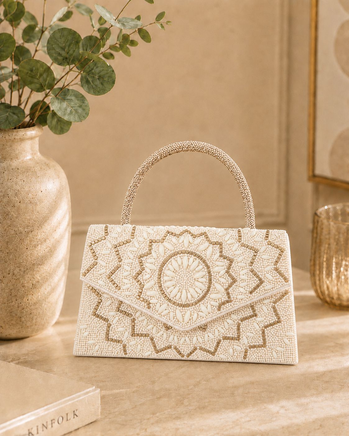 Embellished Beaded Top Handle Handbag - Cream