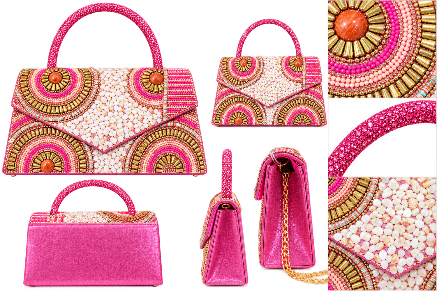 Embellished Beaded Top Handle Handbag  - Pink