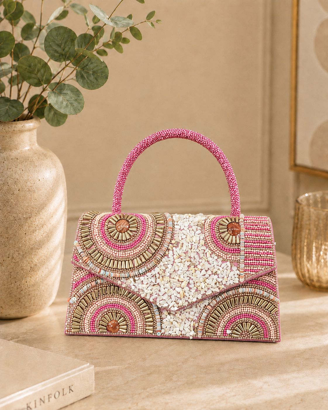Embellished Beaded Top Handle Handbag  - Pink
