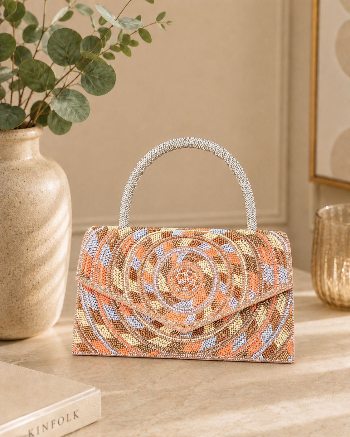 Embellished Beaded Top Handle Handbag  - multi colour