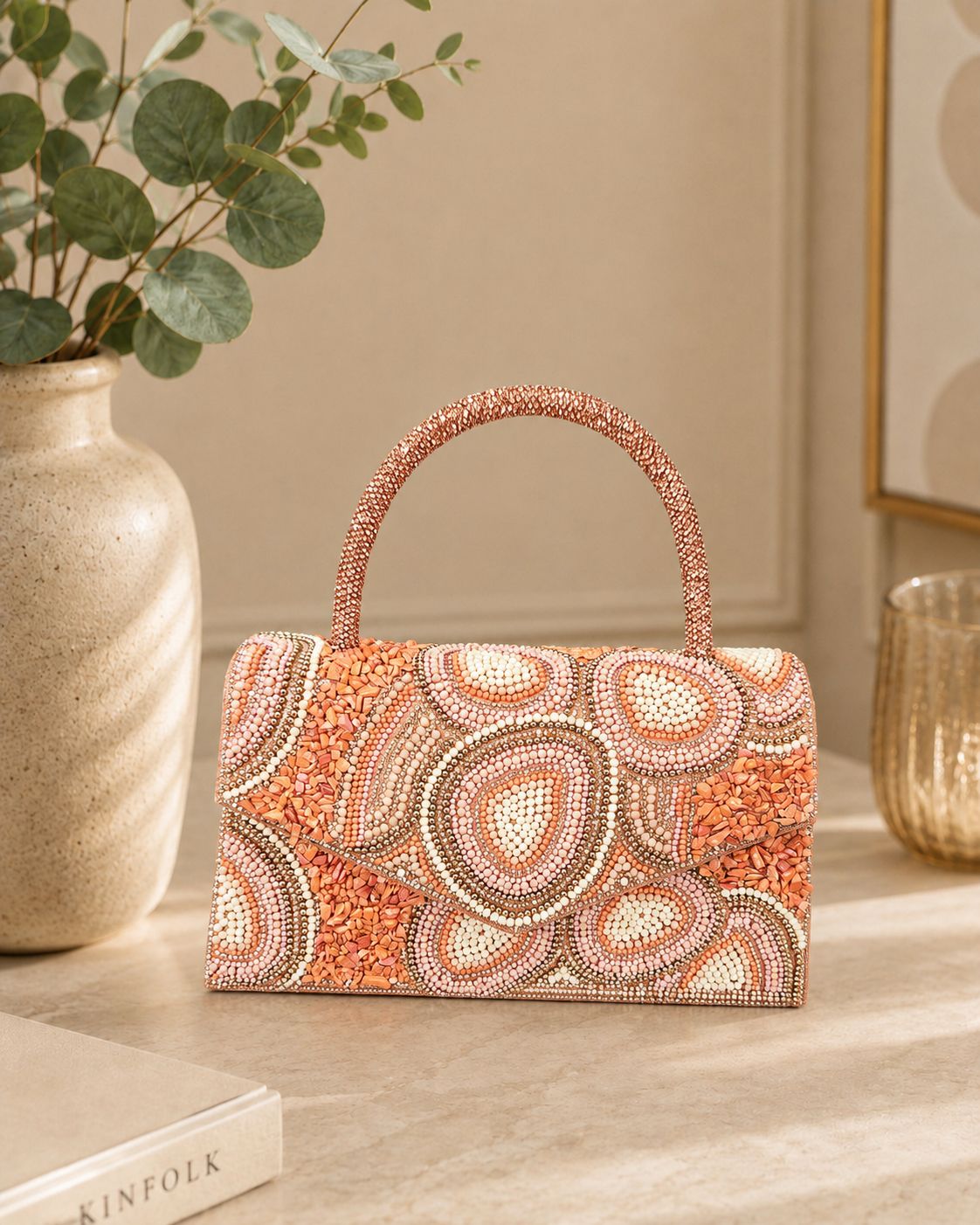 Embellished Beaded Top Handle Handbag  - Orange