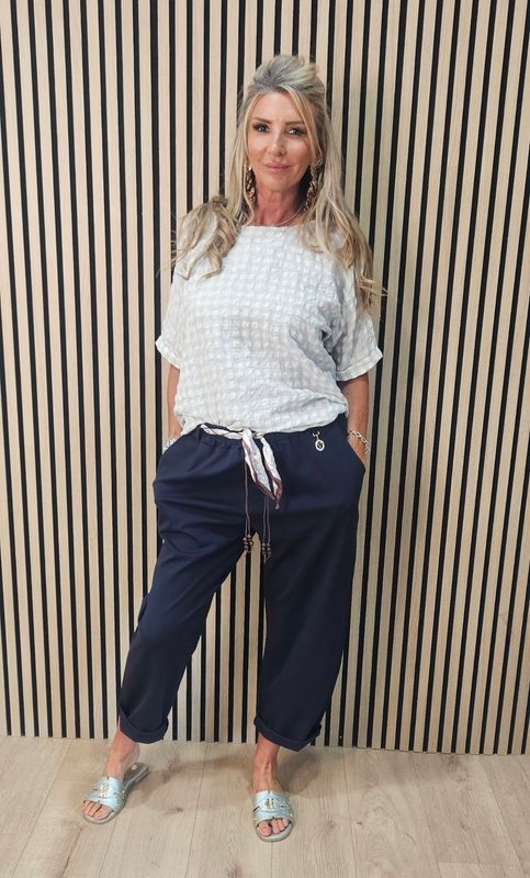 Silk Belt Embellished Stretch Trousers - Navy
