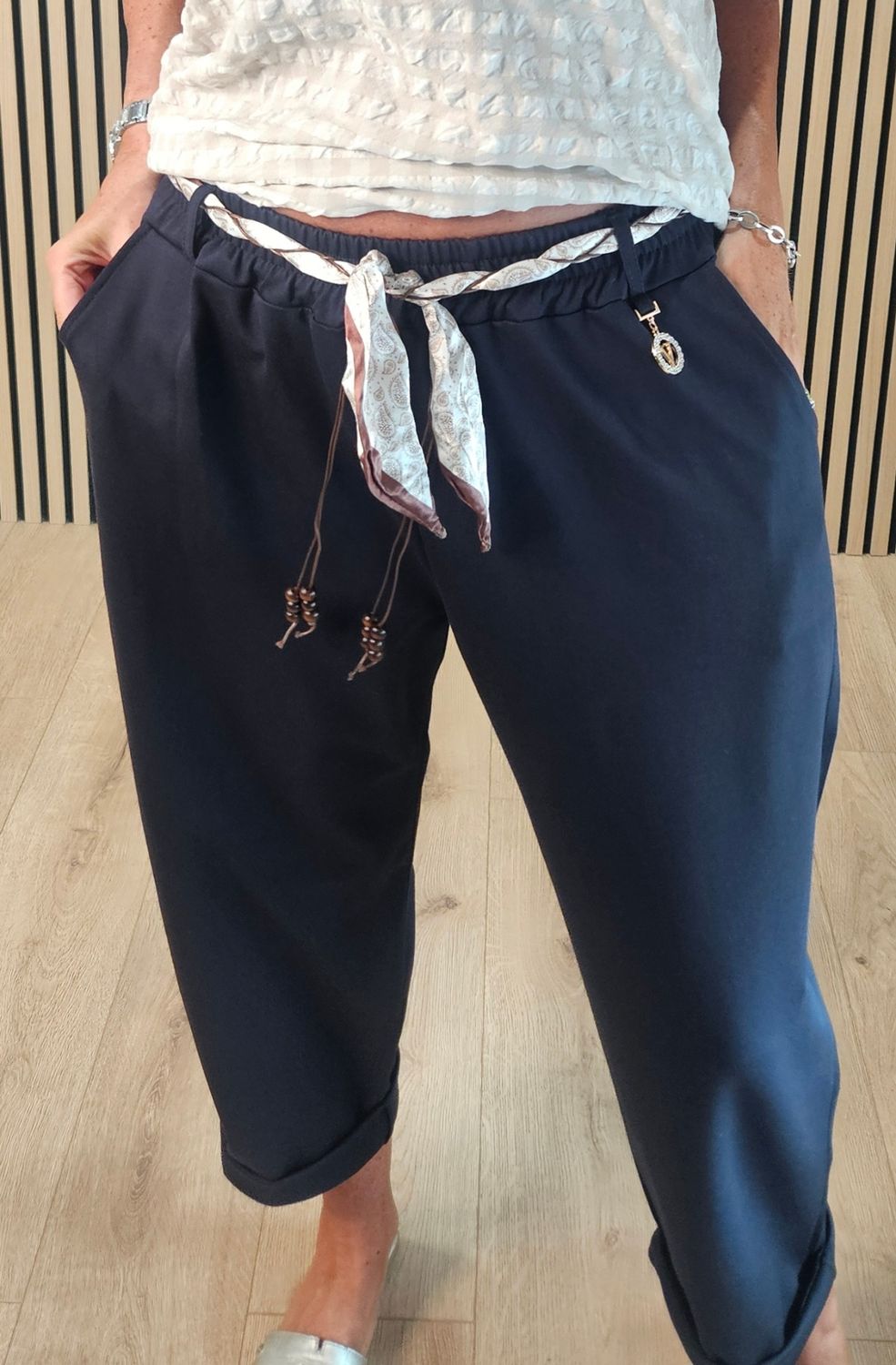 Silk Belt Embellished Stretch Trousers - Navy