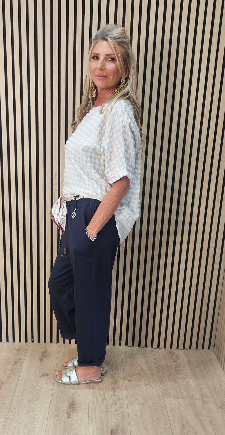 Silk Belt Embellished Stretch Trousers - Navy