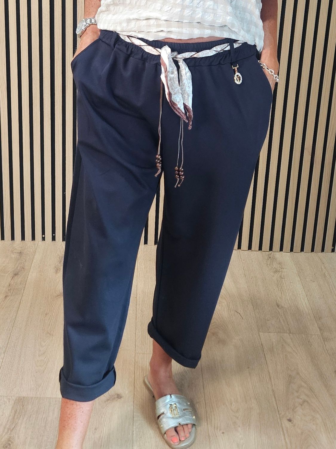 Silk Belt Embellished Stretch Trousers - Navy