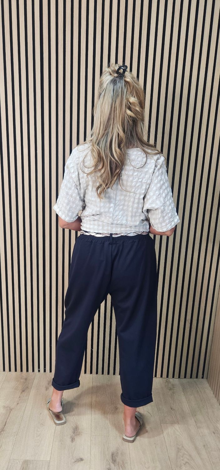 Silk Belt Embellished Stretch Trousers - Navy