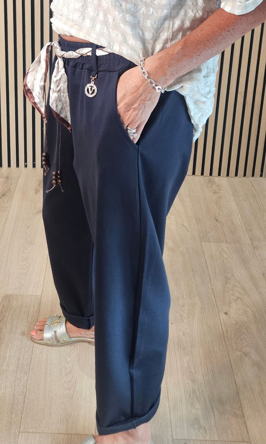 Silk Belt Embellished Stretch Trousers - Navy