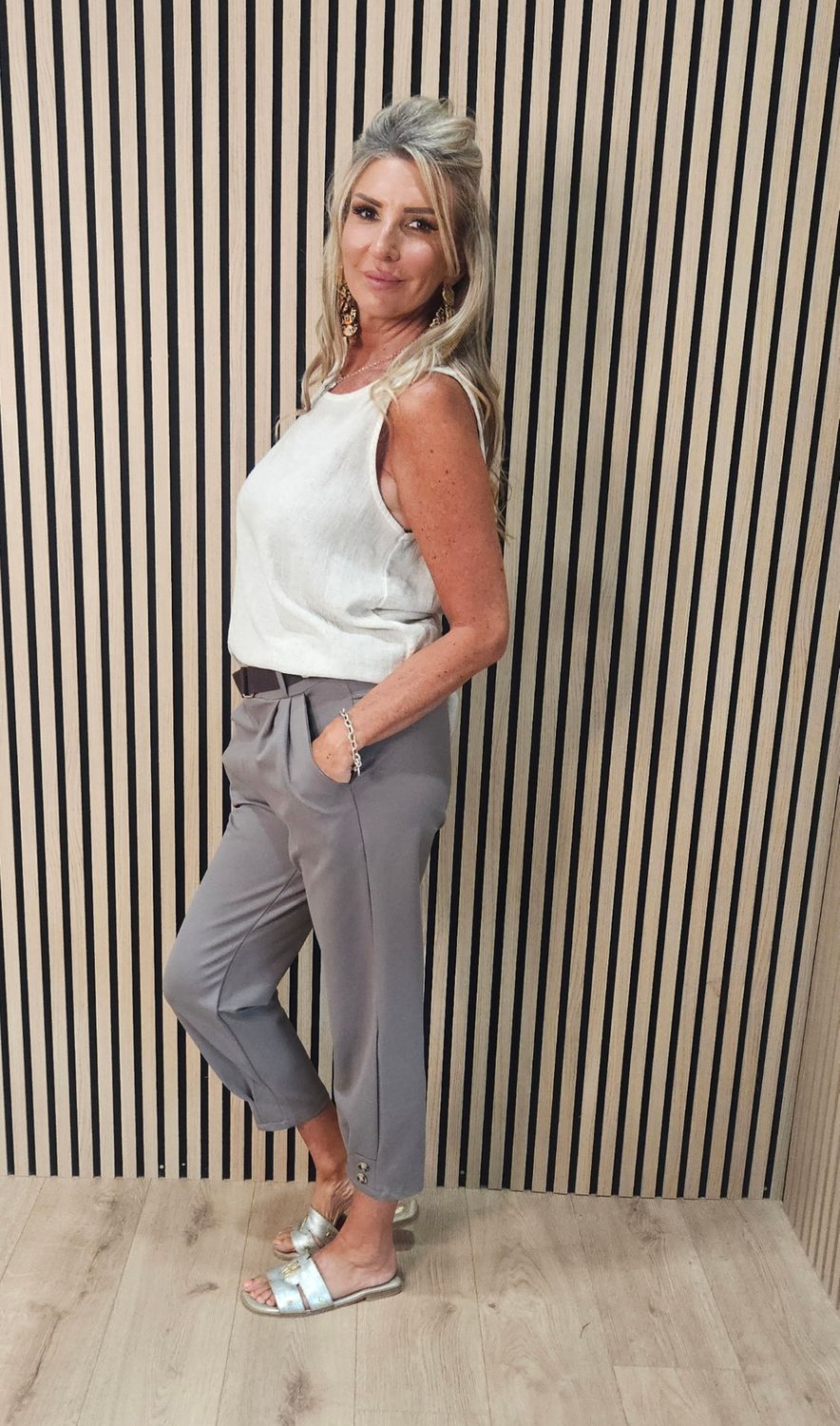 Button Detail Stretch Trousers with belt - Taupe
