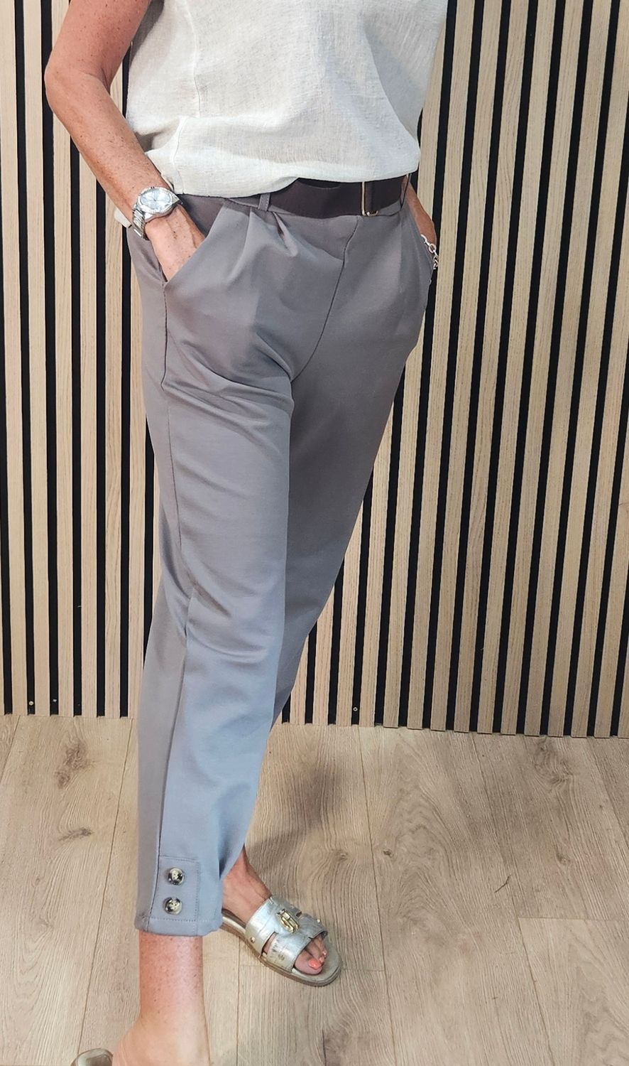 Button Detail Stretch Trousers with belt - Taupe