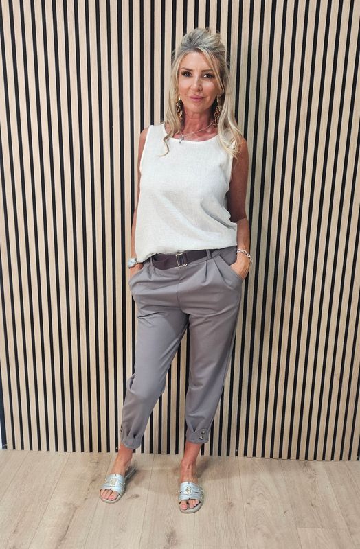 Button Detail Stretch Trousers with belt - Taupe
