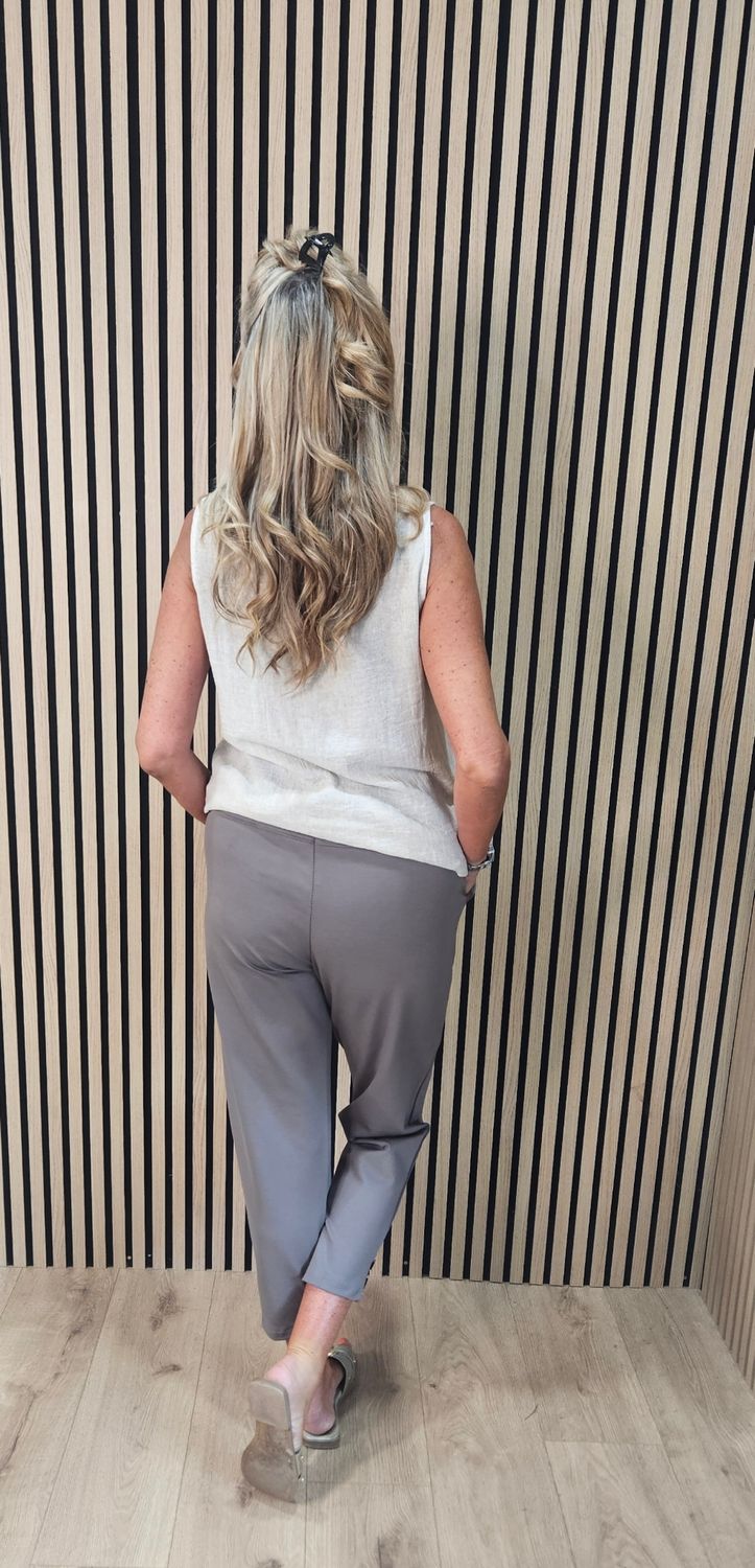 Button Detail Stretch Trousers with belt - Taupe