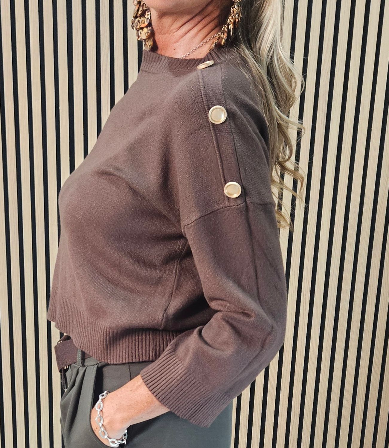 Gold Button Detail Knit Jumper – Brown