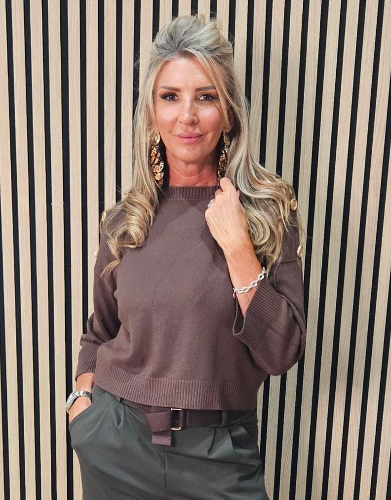 Gold Button Detail Knit Jumper – Brown