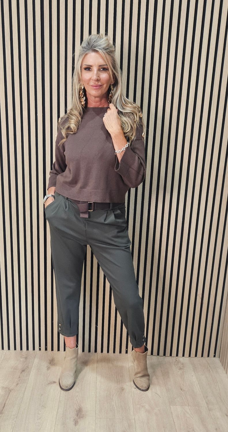 Gold Button Detail Knit Jumper – Brown