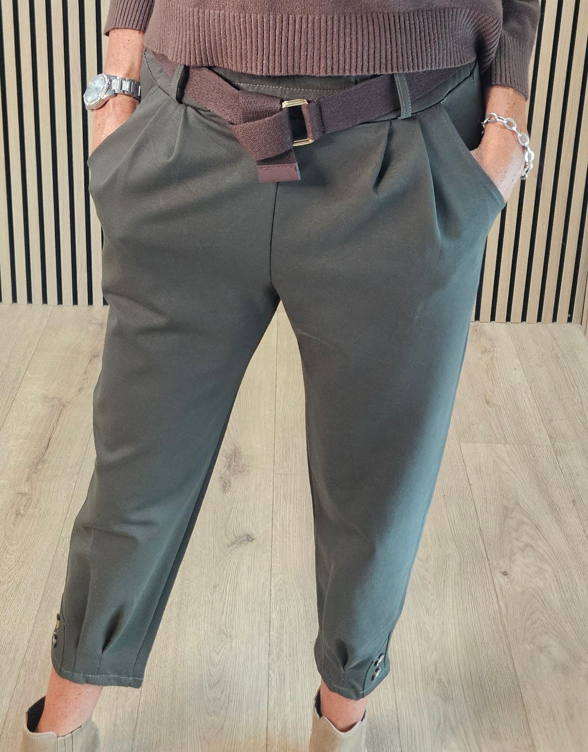 Button Detail Stretch Trousers with Belt –Khaki