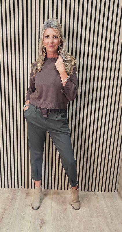 Button Detail Stretch Trousers with Belt –Khaki