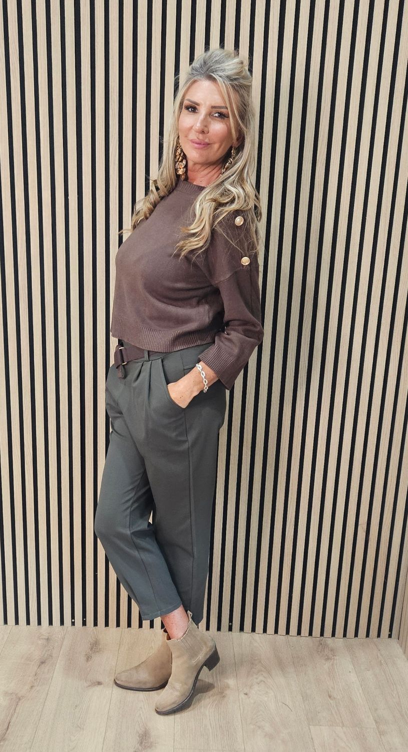 Button Detail Stretch Trousers with Belt –Khaki