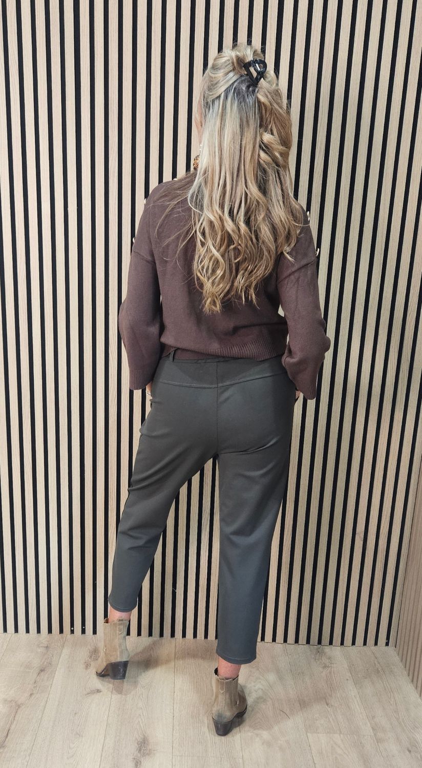 Button Detail Stretch Trousers with Belt –Khaki