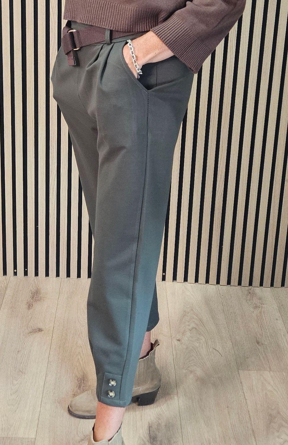 Button Detail Stretch Trousers with Belt –Khaki