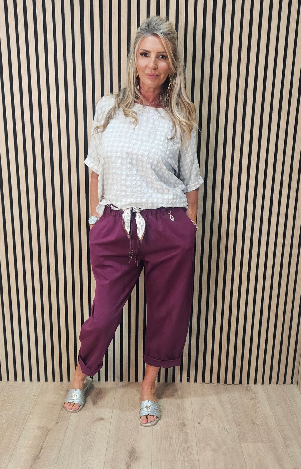 Silk Belt Embellished Stretch Trousers – Oxblood