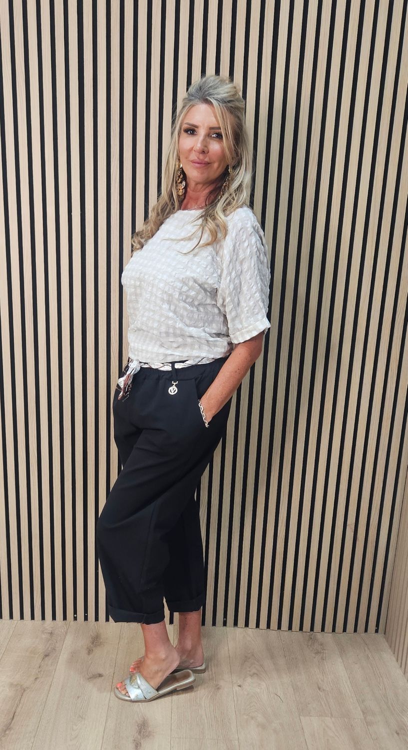 Silk Belt Embellished Stretch Trousers – Black