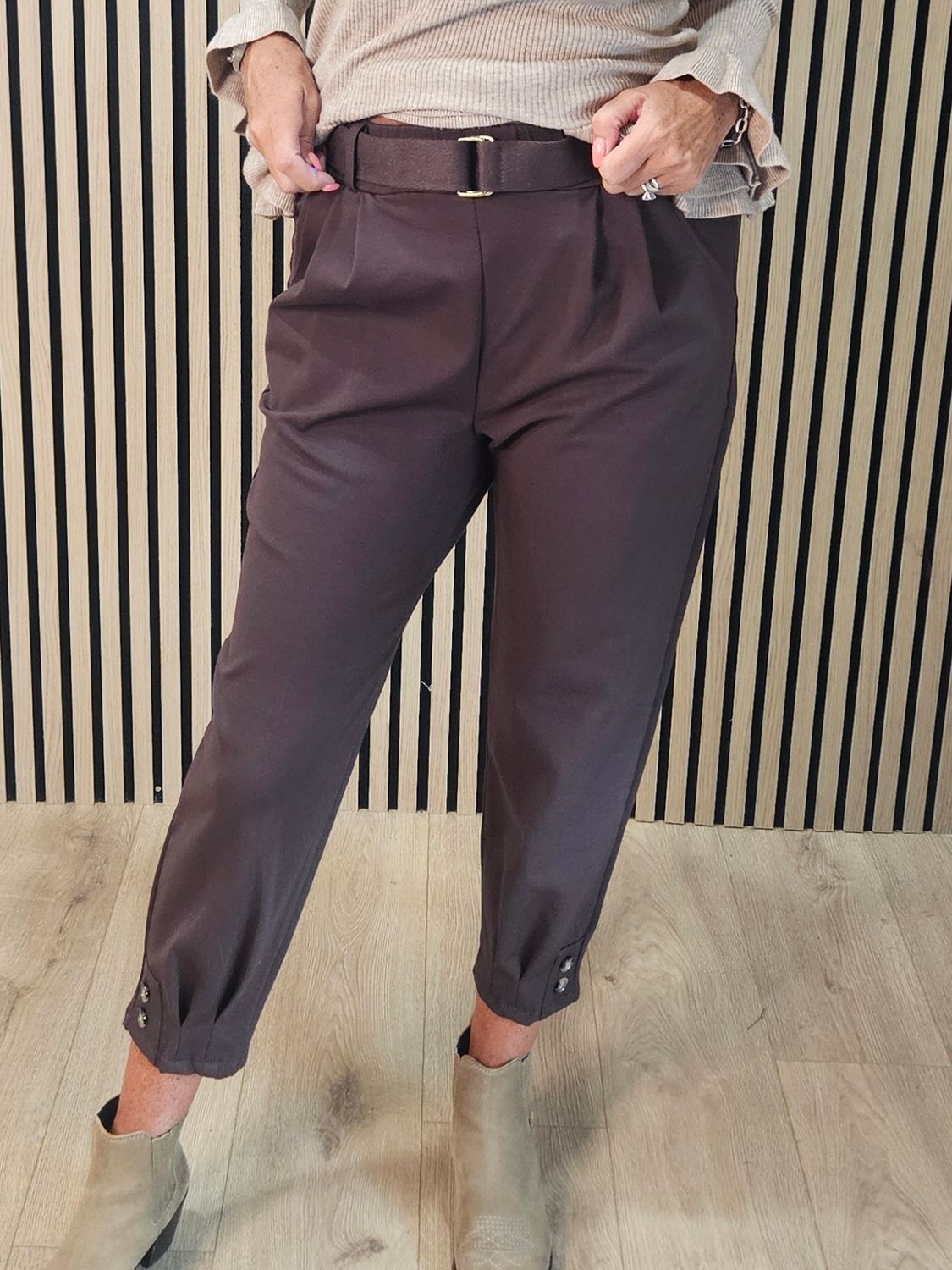 Button Detail Stretch Trousers with Belt - Chocolate