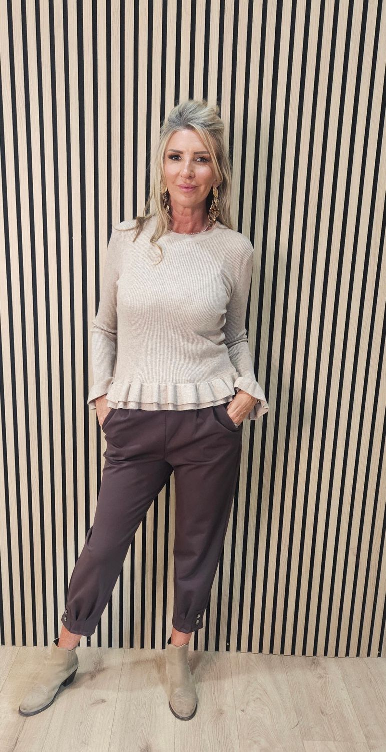 Button Detail Stretch Trousers with Belt - Chocolate