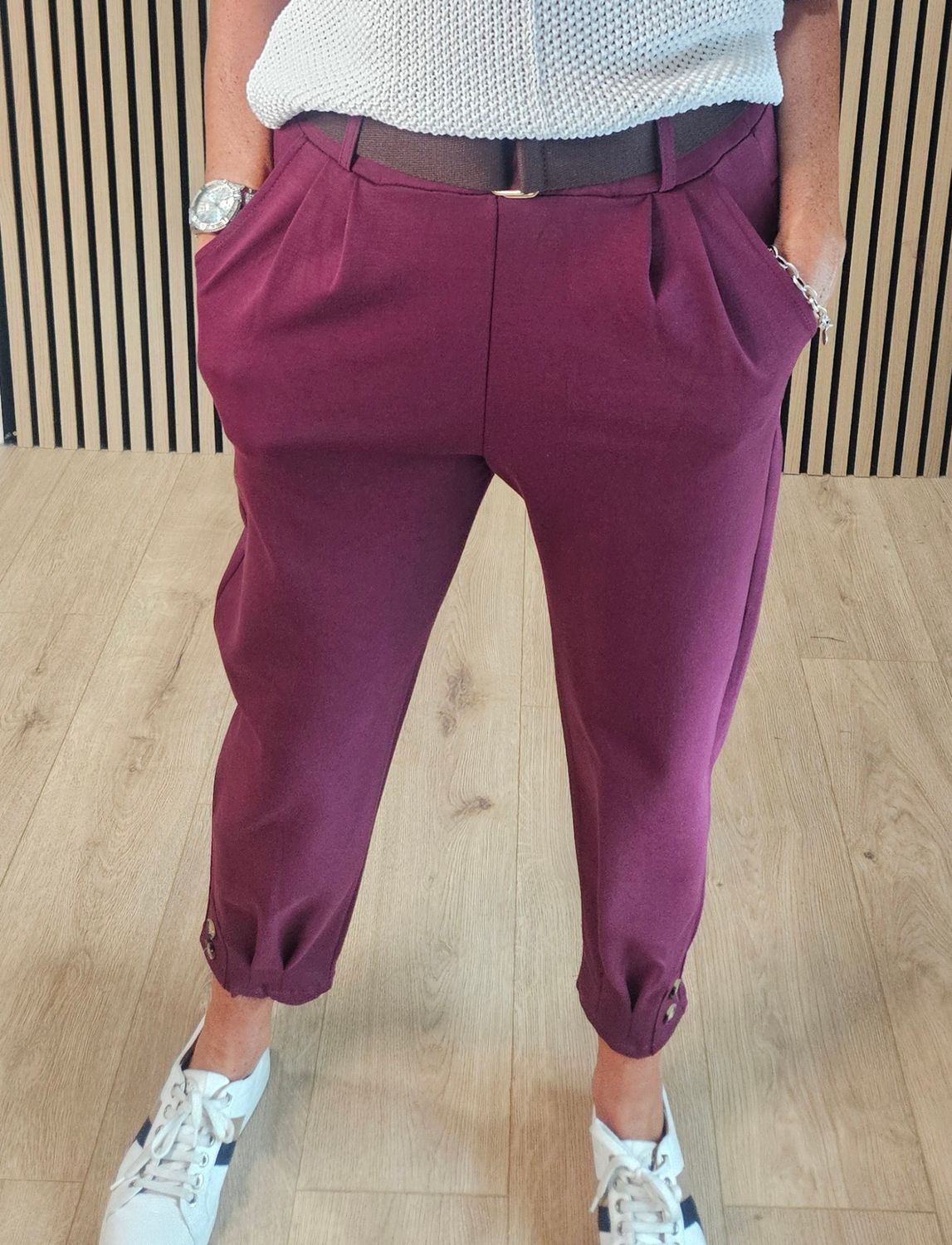 Button Detail Stretch Trousers with Belt – Oxbl
