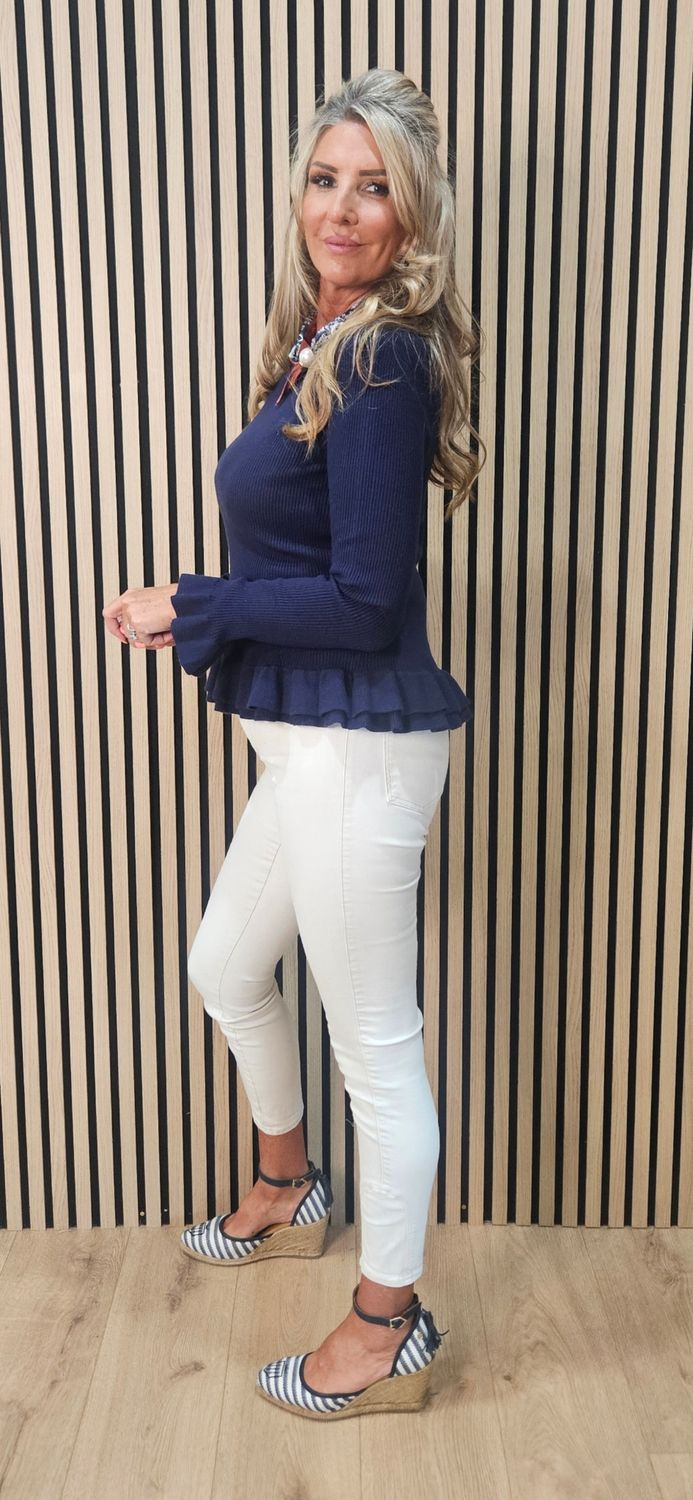 Frill Detail Jumper with Removable Silk Neckerchief – Navy