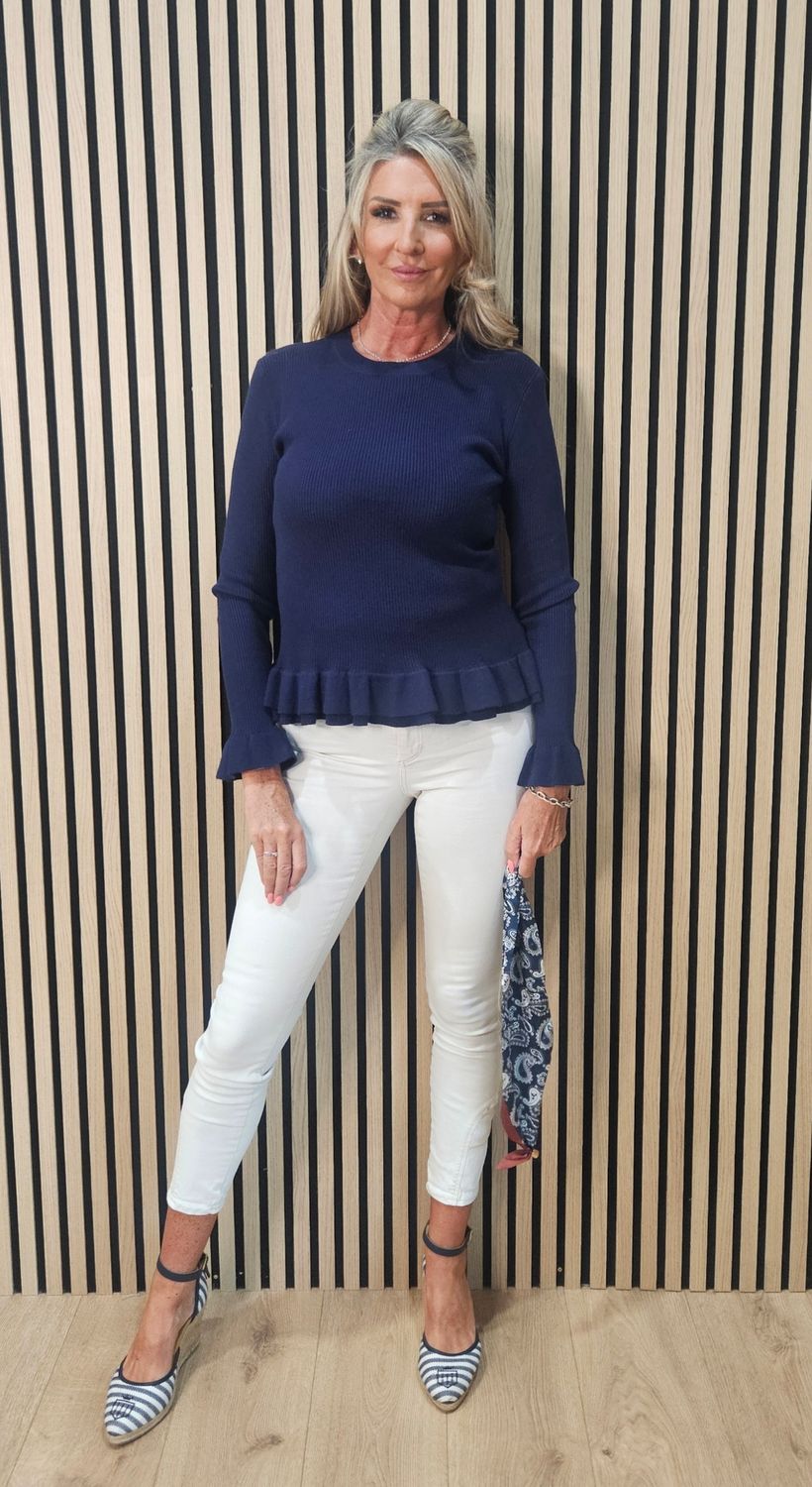 Frill Detail Jumper with Removable Silk Neckerchief – Navy