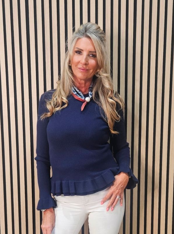Frill Detail Jumper with Removable Silk Neckerchief – Navy