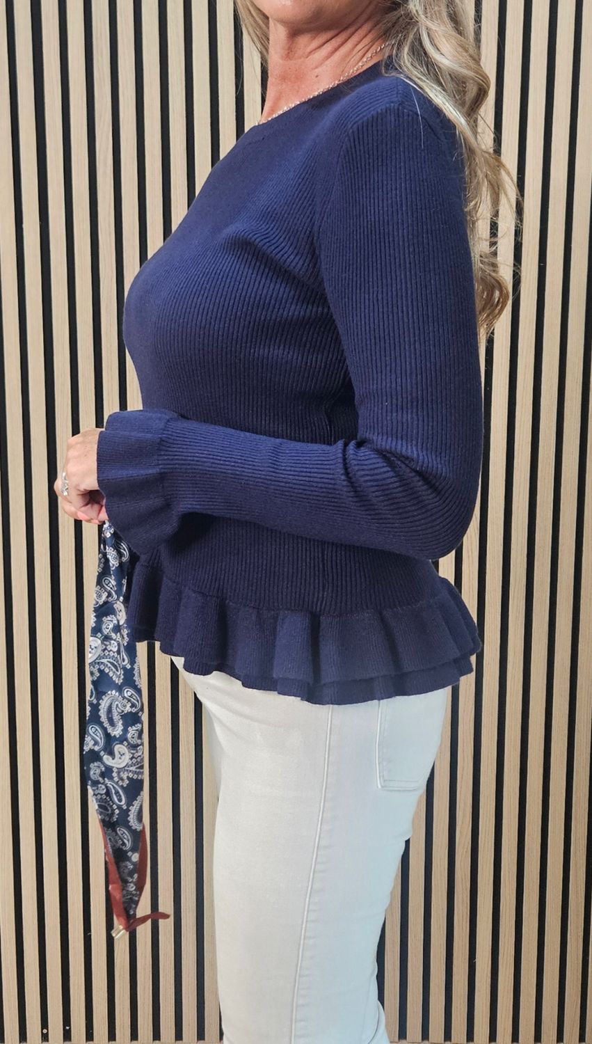 Frill Detail Jumper with Removable Silk Neckerchief – Navy