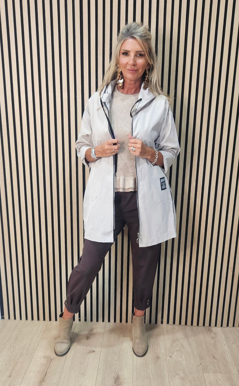 FLY - Hooded Zip Detail Coat – Stone