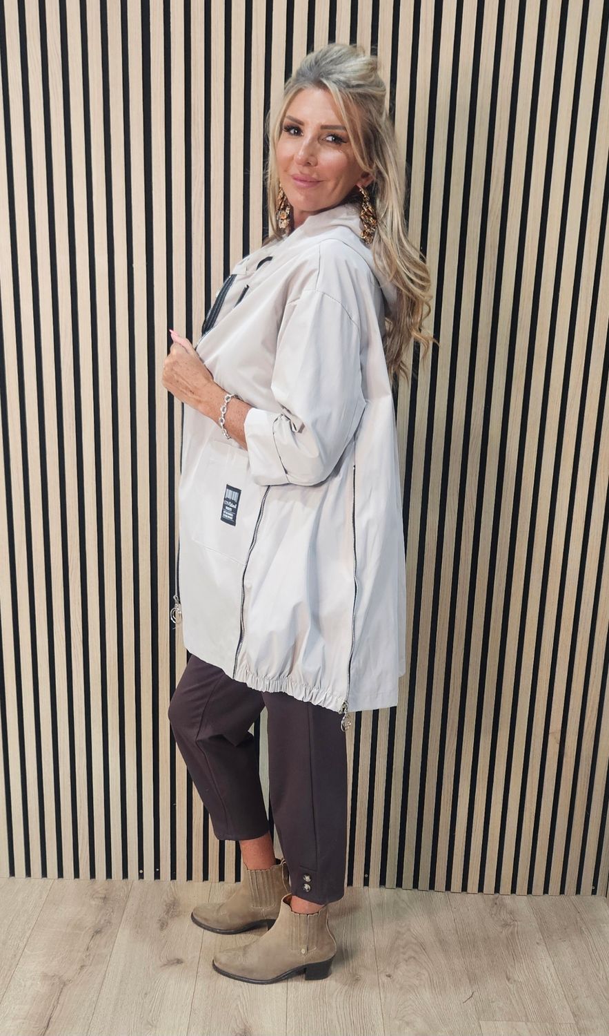 FLY - Hooded Zip Detail Coat – Stone