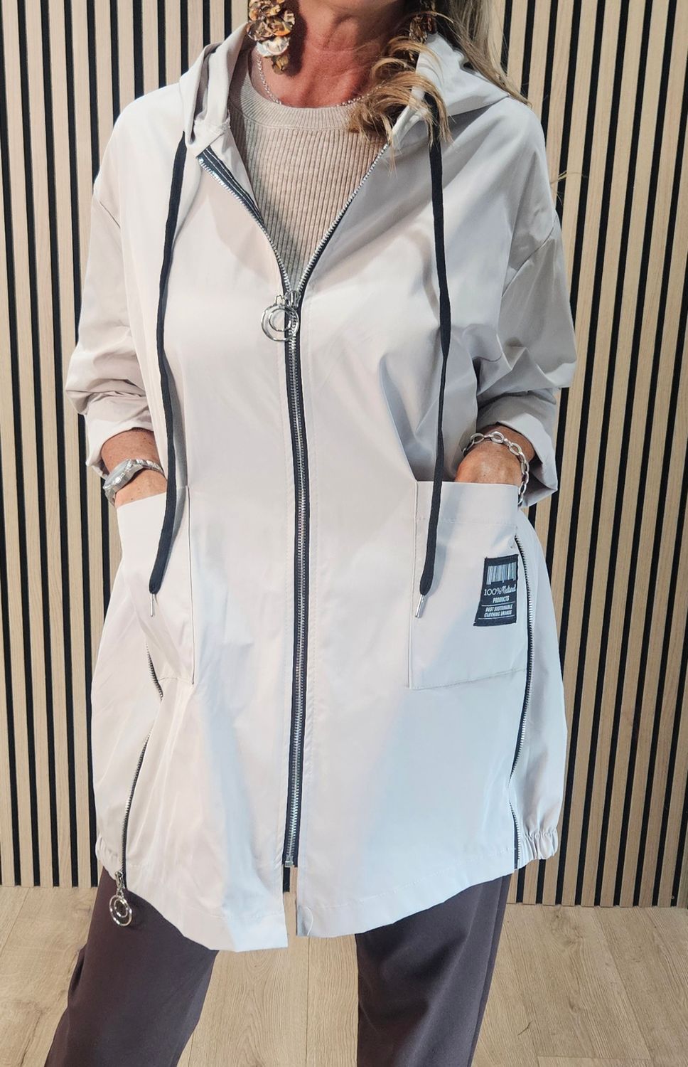 FLY - Hooded Zip Detail Coat – Stone