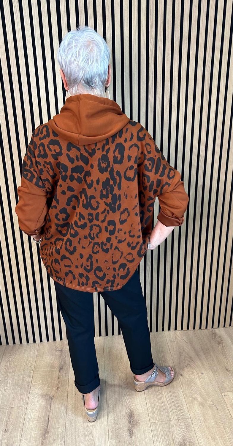 Leopard Print Layered Hoodie – Rust