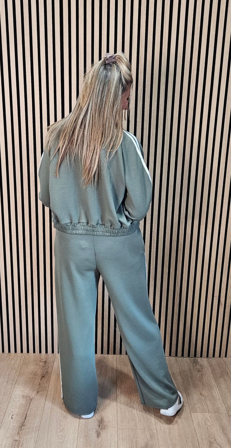 Sporty Stripe Wide-Leg Tracksuit - Khaki