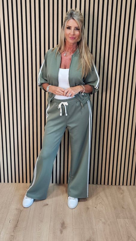 Sporty Stripe Wide-Leg Tracksuit - Khaki